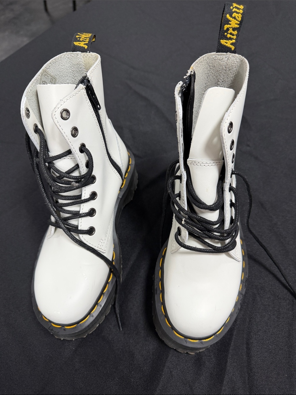 Dr. Martens White Leather Lace-Up Combat Boots with Yellow Stitching